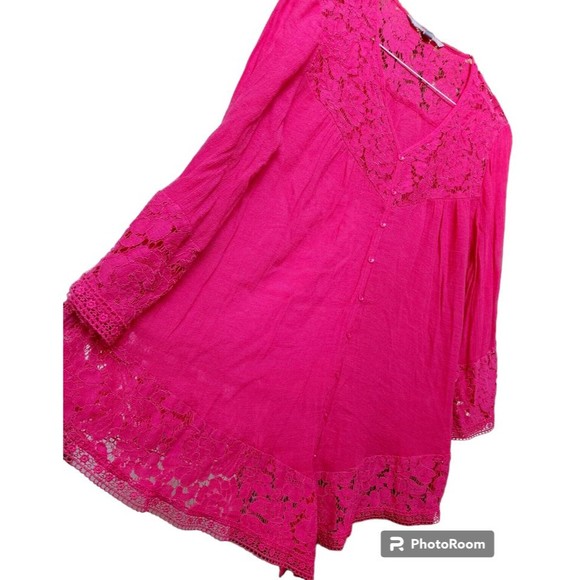 Dark Pink Lace Oversized Top Boho Hippie Chic Size 1X Valerie Stevens - Picture 2 of 7
